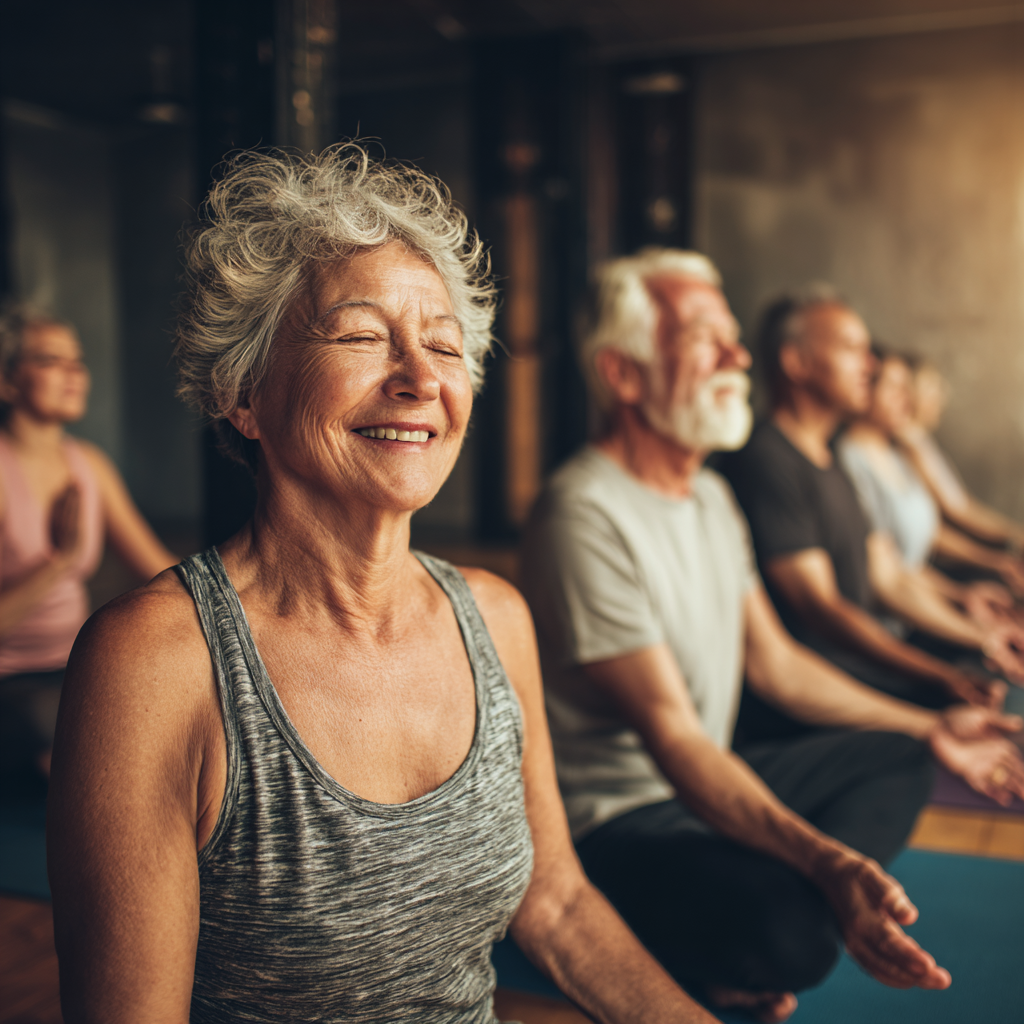 Elderly European woman practicing mindful breathing exercises outdoors in peaceful garden setting