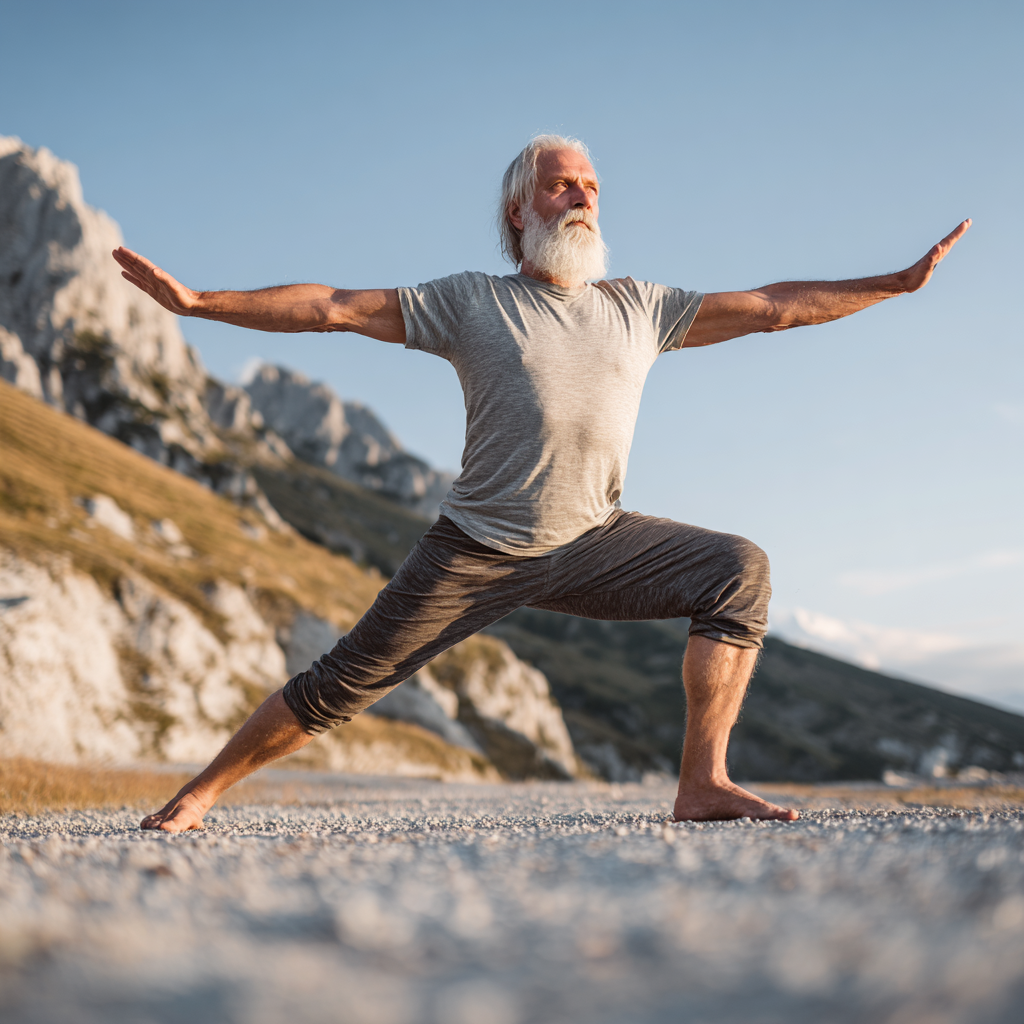 Elderly European man performing gentle yoga stretches at office desk with peaceful expression